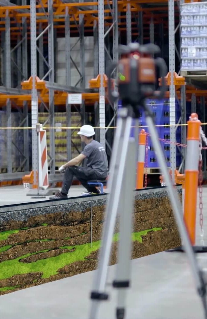 Laser monitoring during industrial floor stabilisation with geopolymer injection