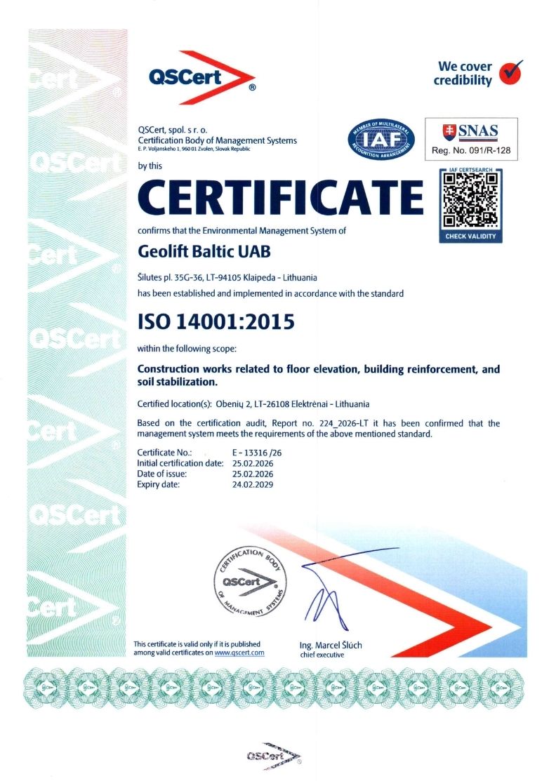 GEOLIFT ISO 14001 environmental management certificate