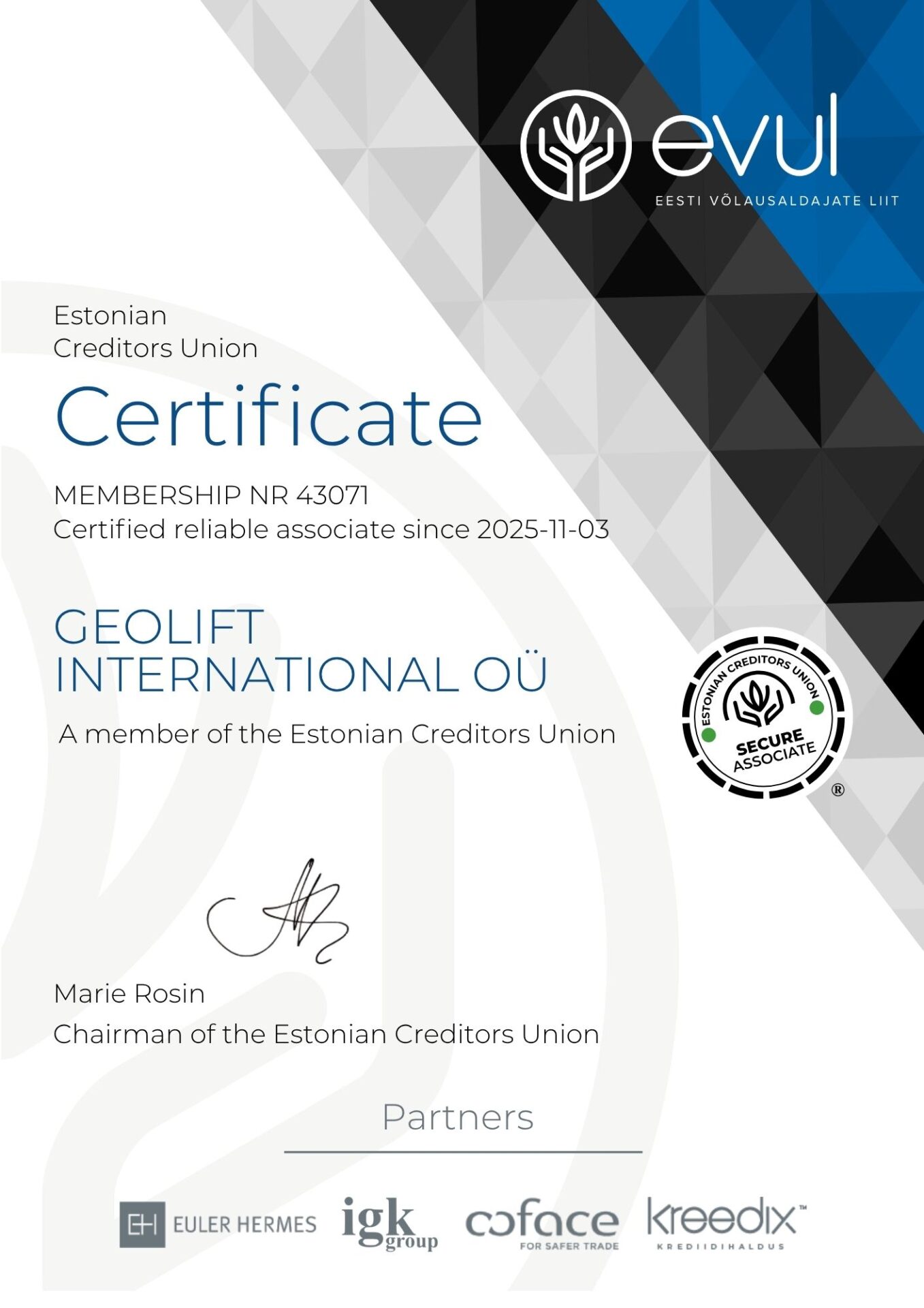 GEOLIFT INTERNATIONAL OÜ Estonian Creditors Union certificate