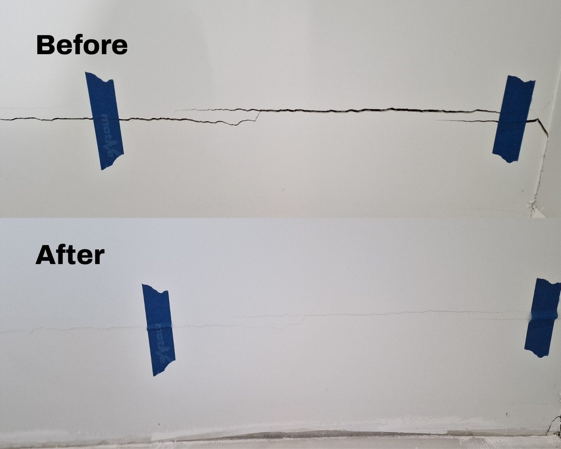 Before and after wall crack repair caused by building settlement