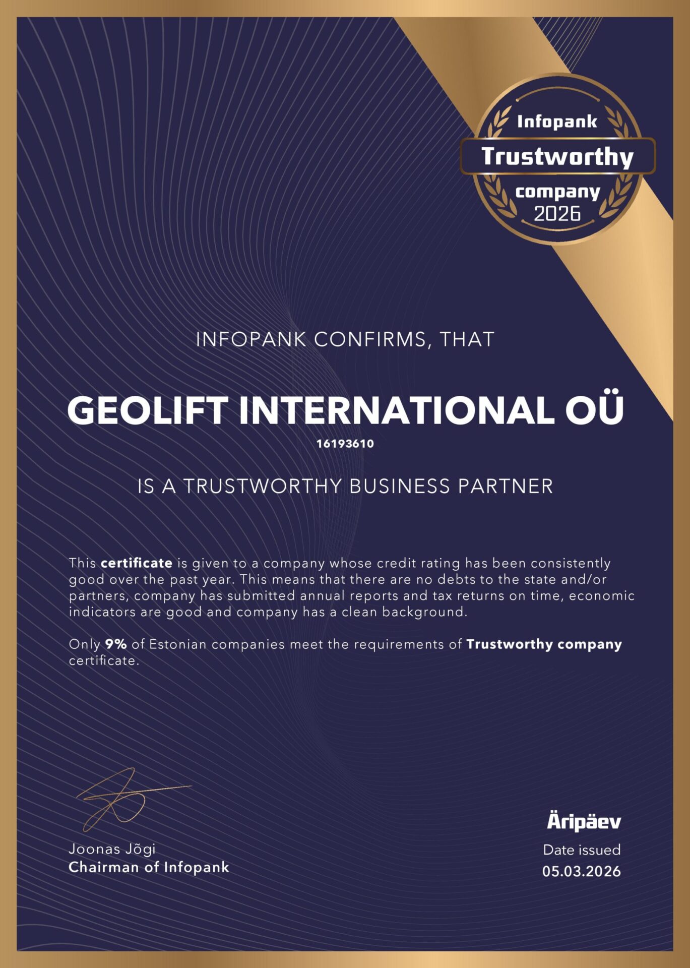 GEOLIFT INTERNATIONAL OÜ Trustworthy Company 2026 certificate