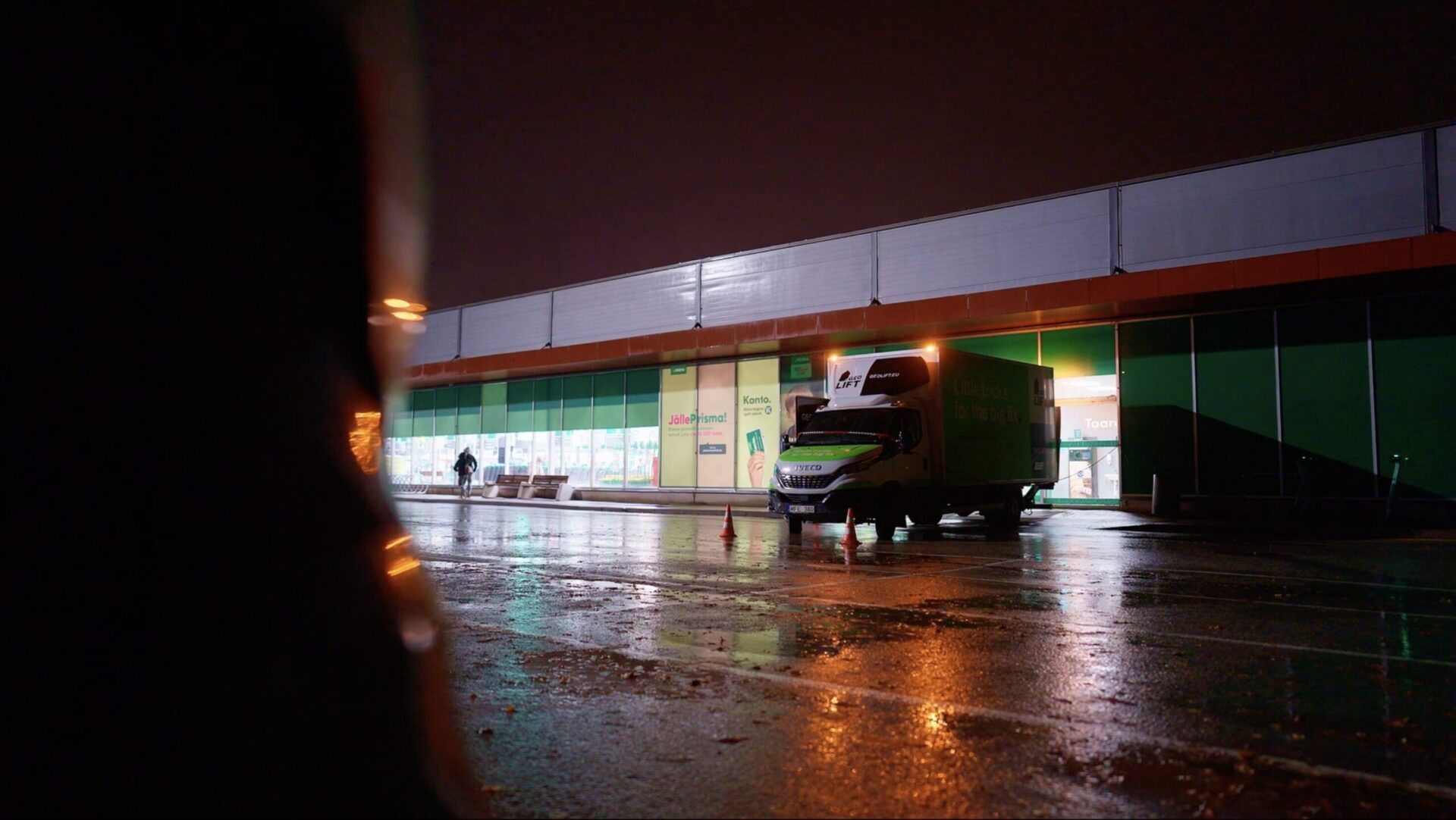 GEOLIFT service truck outside a shopping centre for night-time geopolymer injection work